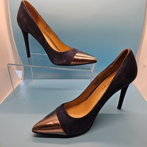 Kenneth Cole Metallic Gray Cap Toe Navy Suede Leather Stiletto Heels Womens 5.5M